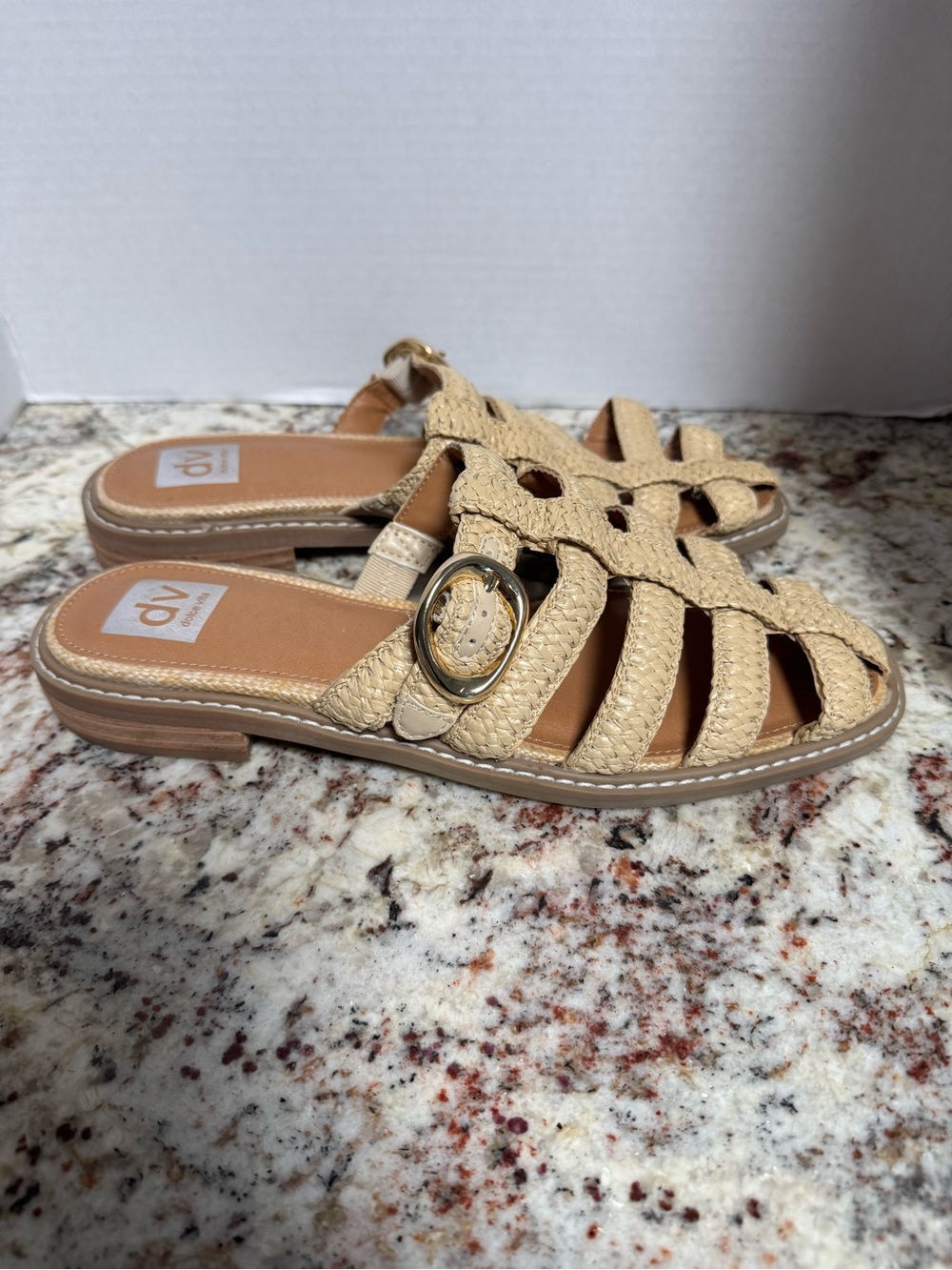 DV by Dolce Vita Tan Braided Slide Sandals with Gold Buckle